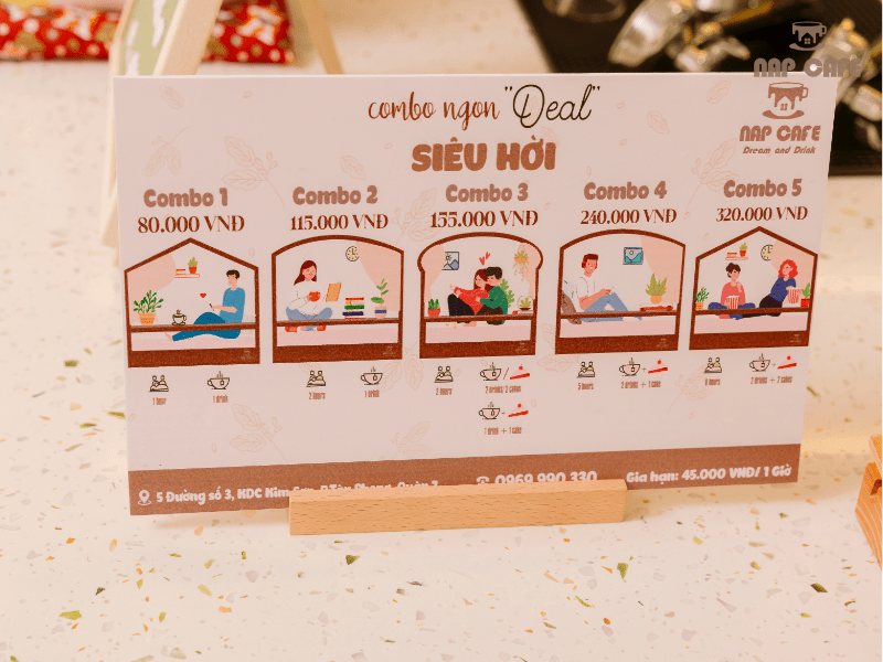 Nap Cafe có nhiều combo ưu đãi cho gói nước, bánh, giường bed để bạn thỏa sức trải nghiệm