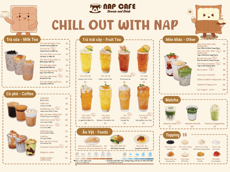 Menu đồ uống đa dạng tại Nap Cafe
