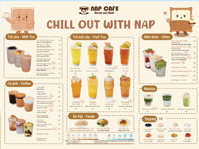 Menu đồ uống tại Nap Cafe đa dạng, với giá sinh viên