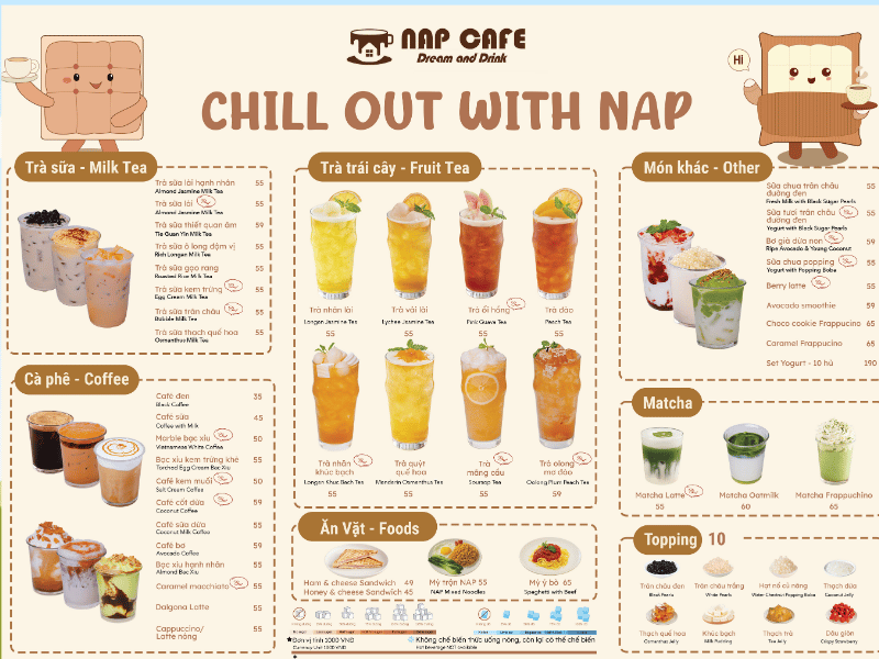 Menu đồ uống tại Nap Cafe phong phú, đa dạng, giá sinh viên