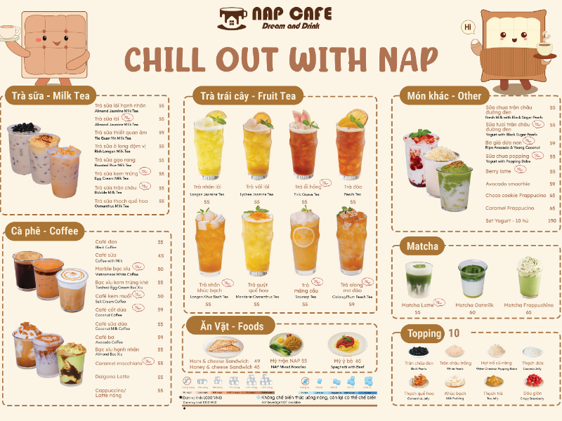 Mức giá tại Nap Cafe phù hợp với túi tiền học sinh, sinh viên